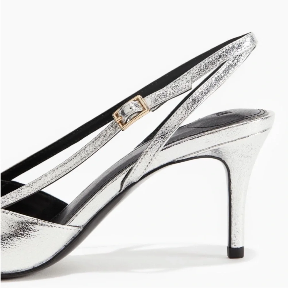 H&M Pointed Slingback Silver Kitten Heels - Picture 3 of 11